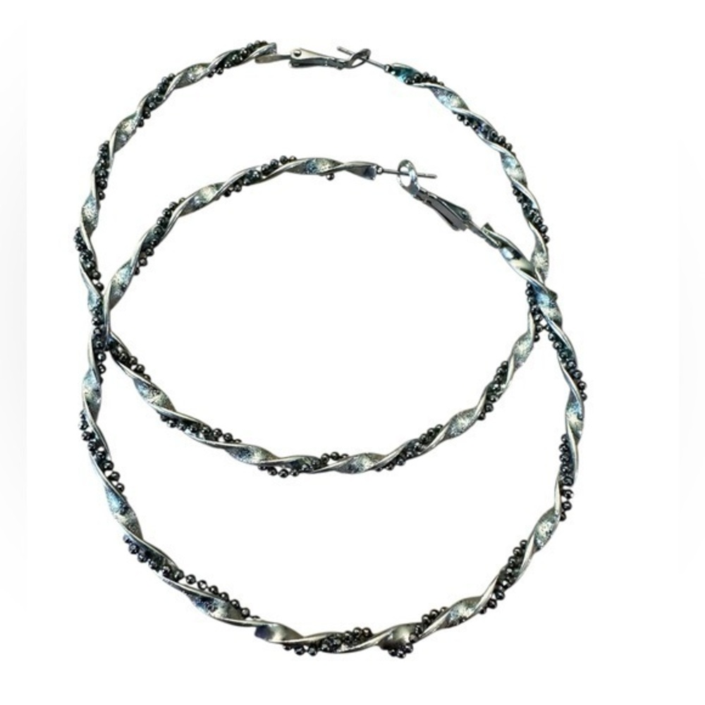 Silver Tone and Black Bead Twist Hoop Earrings